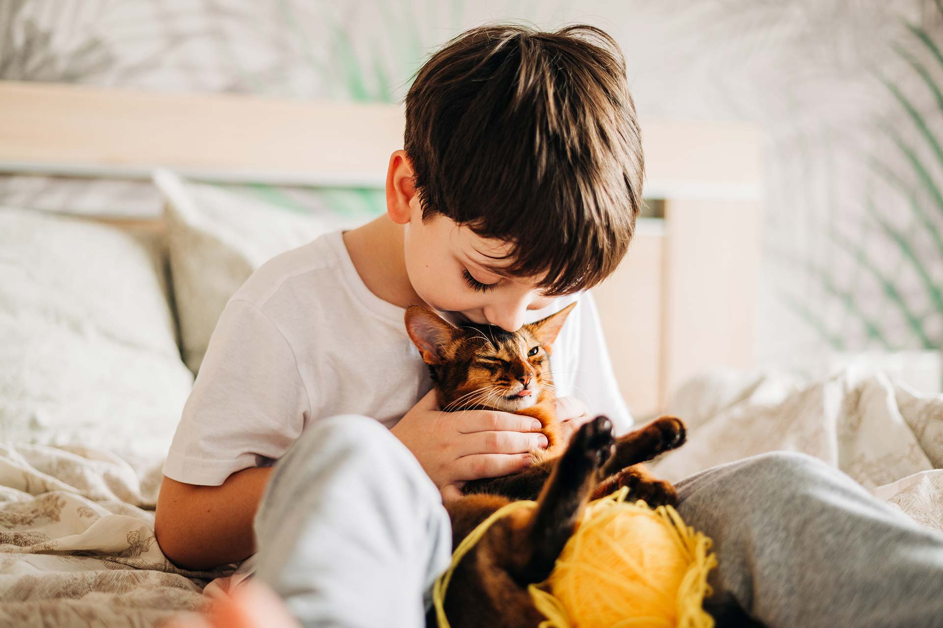 Pojke tillsammans med sin katt, de leker och myser. Husdjursfotografering med katt hemma. Djurfoto i hemmamiljö.